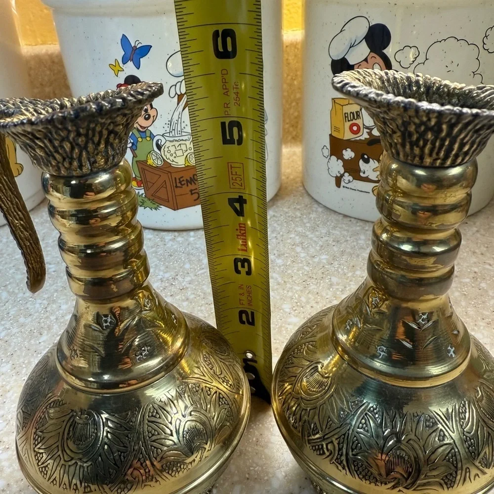 Vintage Gold Tone Brass Etchied Jerusalem Israel Pitchers Set of 2 Small Pourer